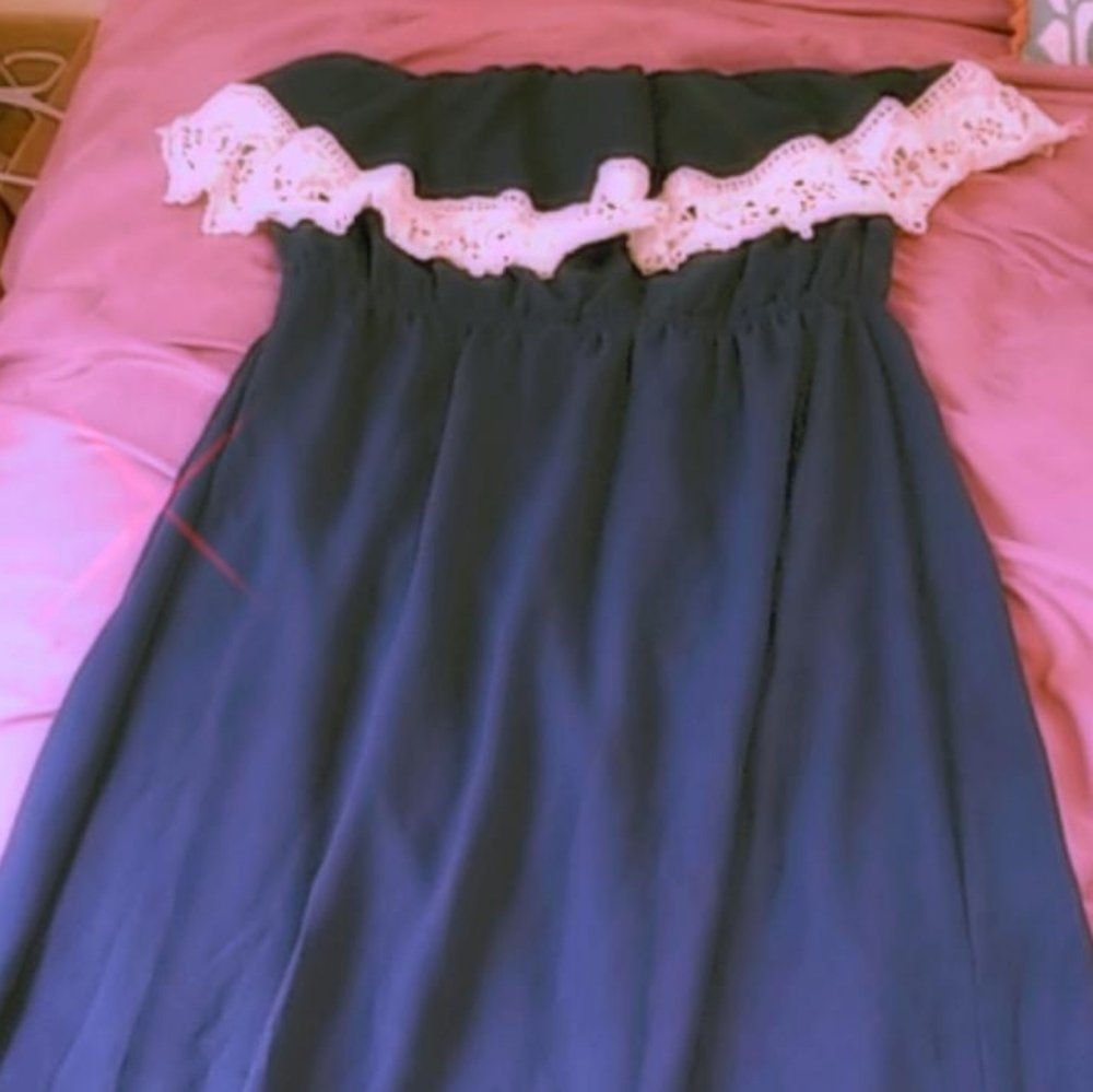 Blue and White Long Strapless Dress